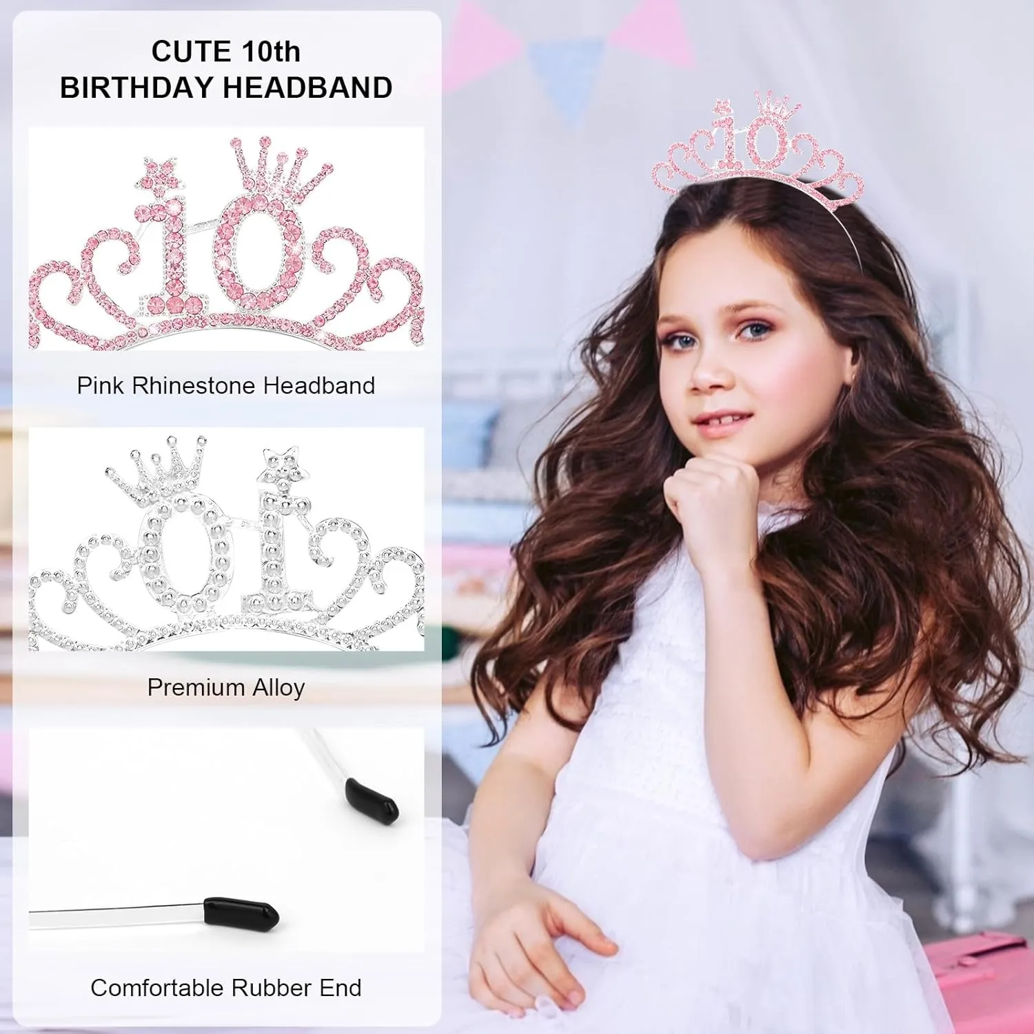 10th Birthday Decorations for Girl Happy Birthday Crown Birthday Girl Headband Princess Birthday Party Favors- Pink