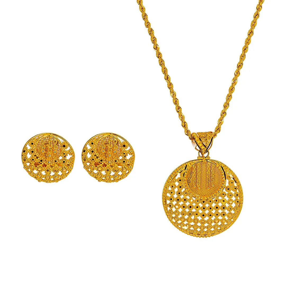 22K Yellow Gold Pendant Necklace & Earrings Set W/ Beaded Filigree & Inner Circle Design