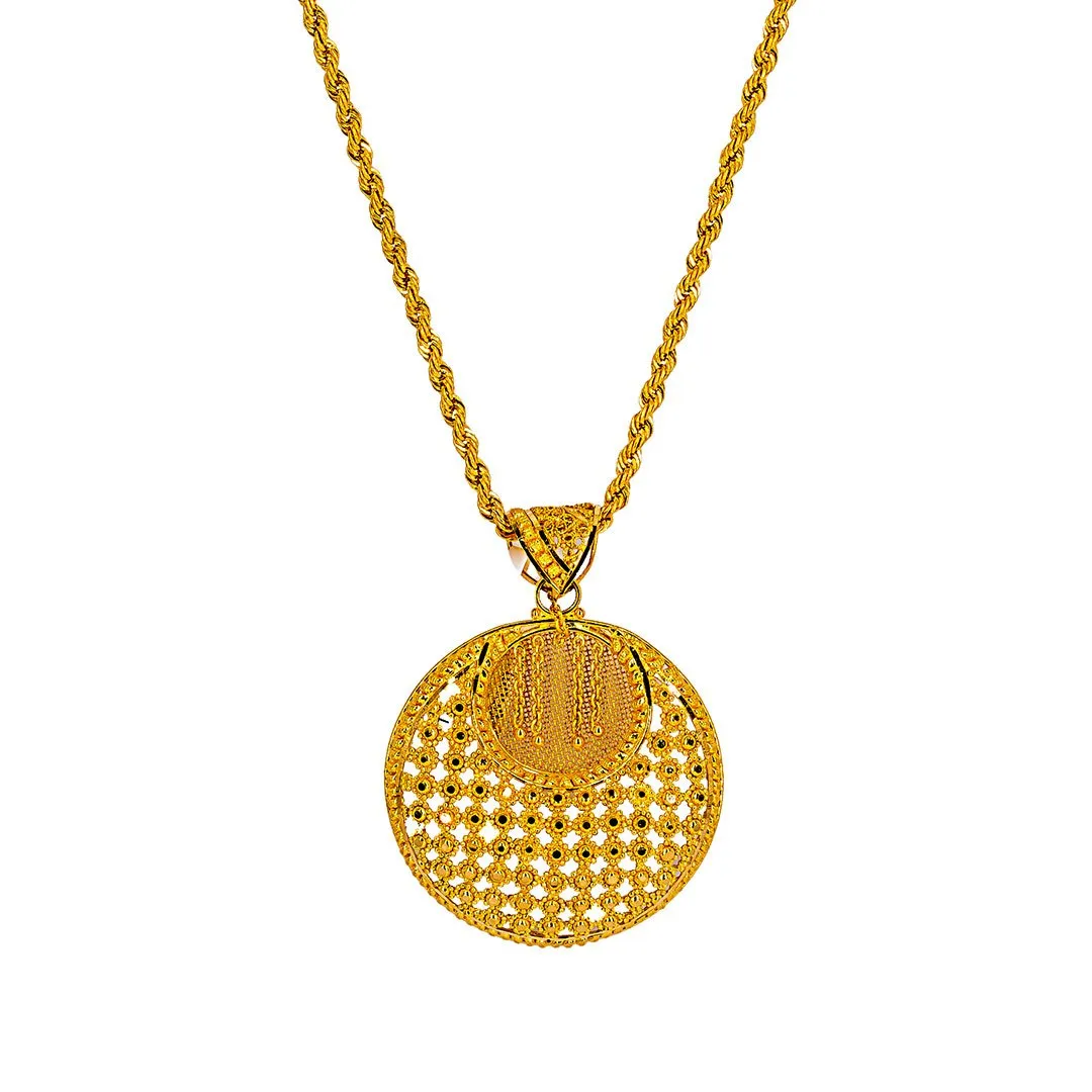 22K Yellow Gold Pendant Necklace & Earrings Set W/ Beaded Filigree & Inner Circle Design