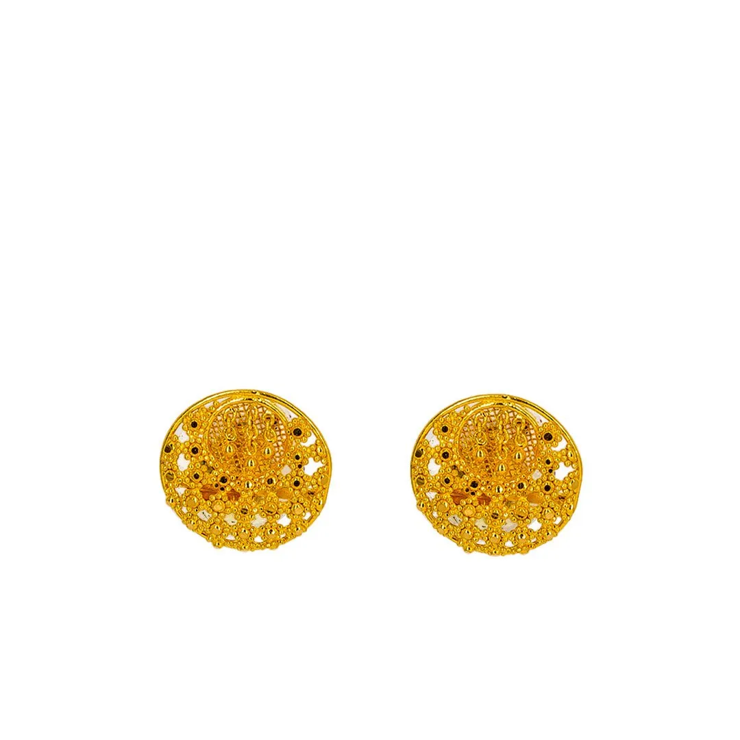 22K Yellow Gold Pendant Necklace & Earrings Set W/ Beaded Filigree & Inner Circle Design