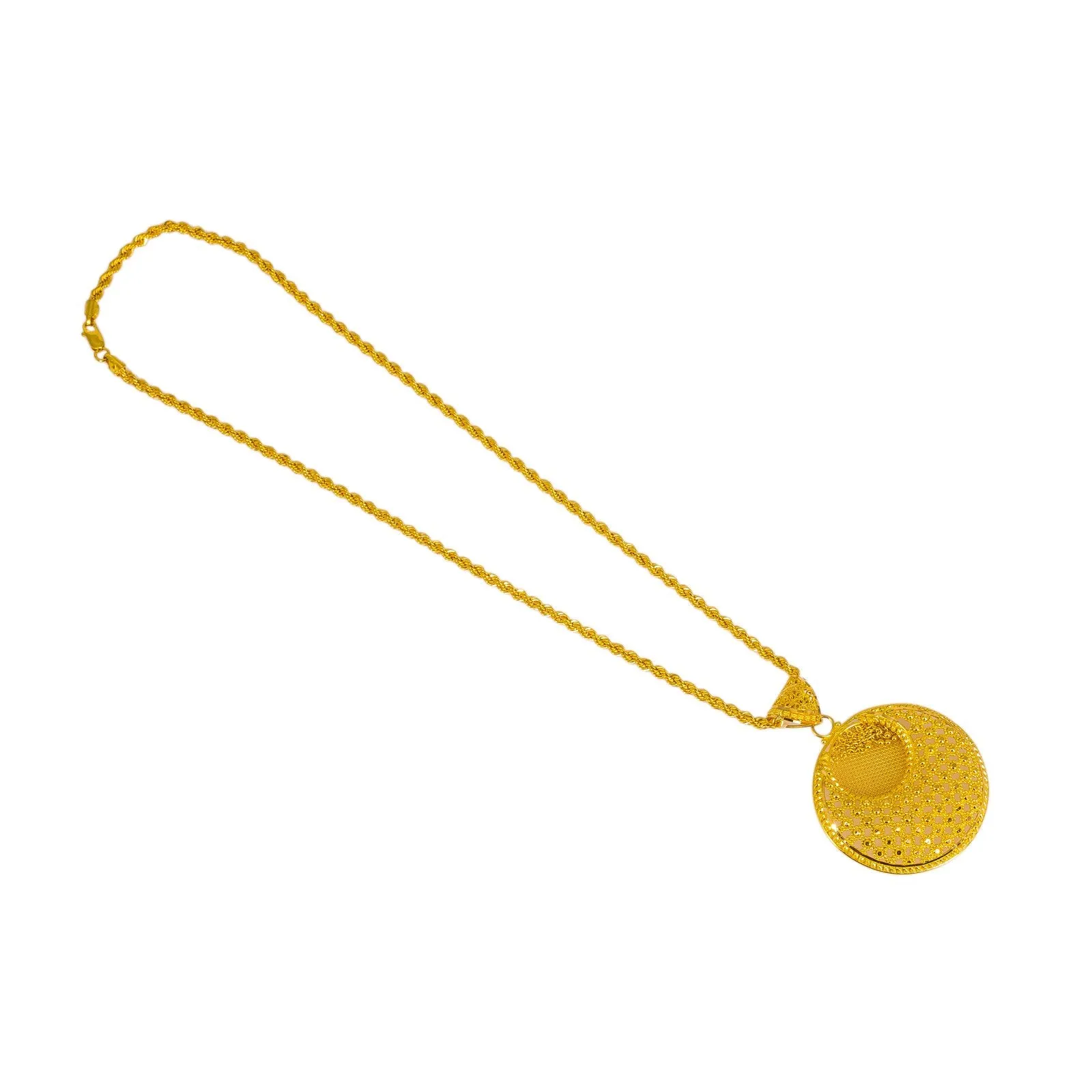 22K Yellow Gold Pendant Necklace & Earrings Set W/ Beaded Filigree & Inner Circle Design