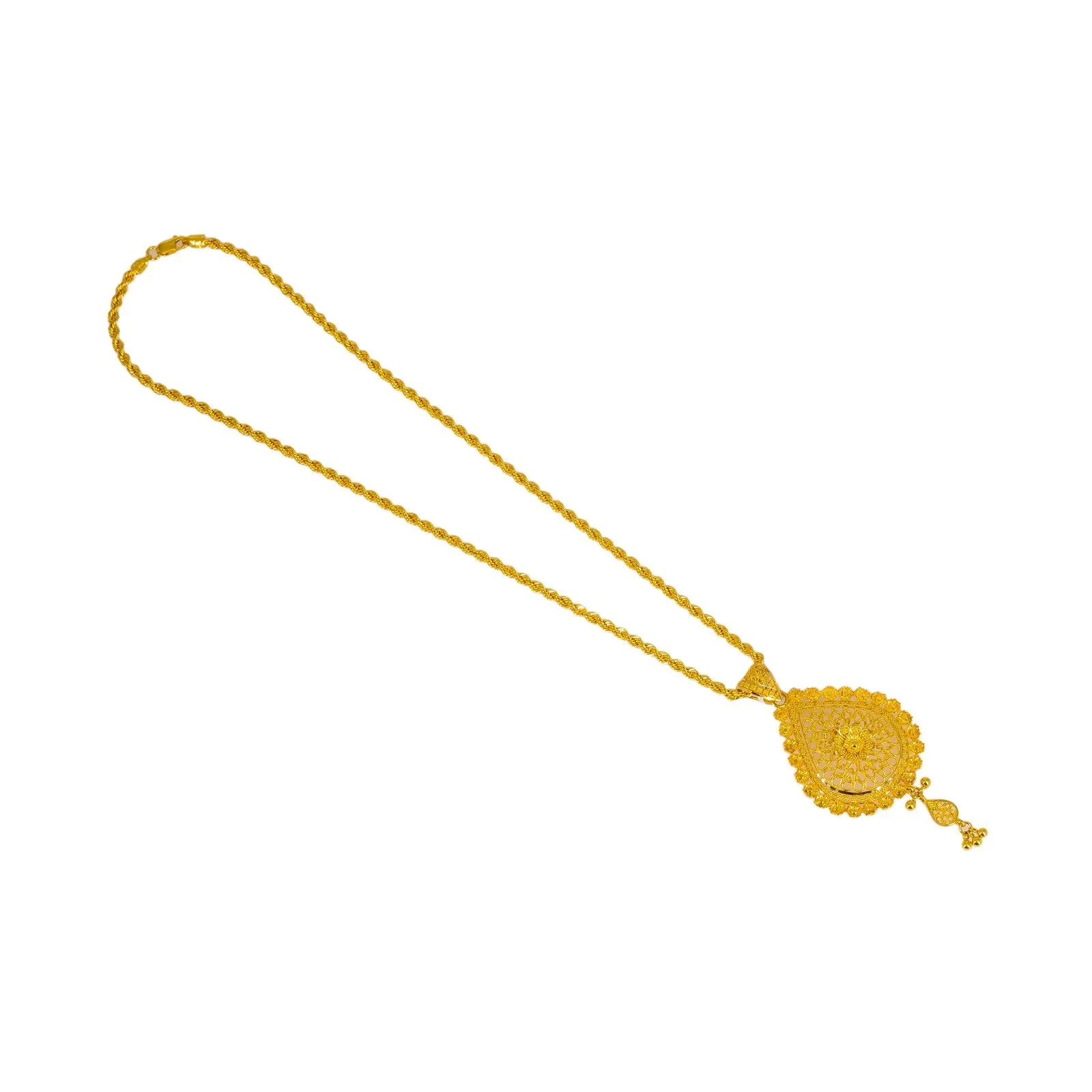 22K Yellow Gold Pendant Necklace & Earrings Set W/ Double Teardrop Pendants & Floral Filigree