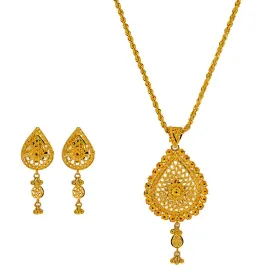 22K Yellow Gold Pendant Necklace & Earrings Set W/ Double Teardrop Pendants & Floral Filigree