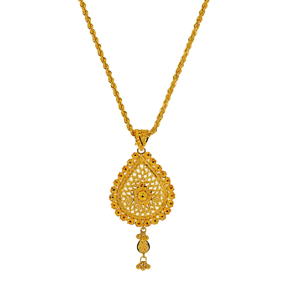 22K Yellow Gold Pendant Necklace & Earrings Set W/ Double Teardrop Pendants & Floral Filigree