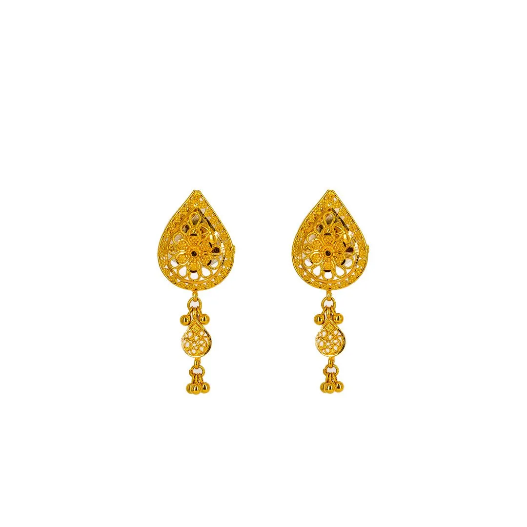 22K Yellow Gold Pendant Necklace & Earrings Set W/ Double Teardrop Pendants & Floral Filigree