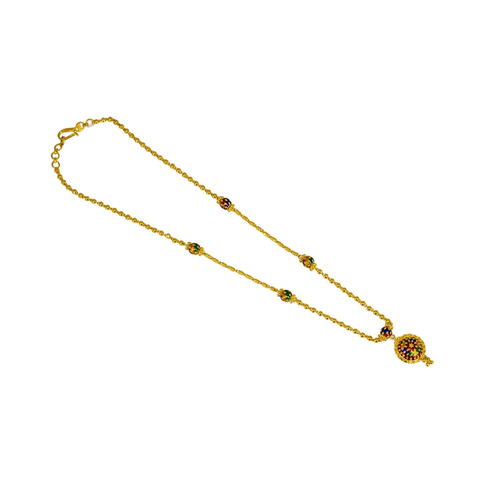 22K Yellow Gold Pendant Necklace & Earrings Set W/ Enamel Design & Ball Pendants