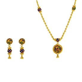 22K Yellow Gold Pendant Necklace & Earrings Set W/ Enamel Design & Ball Pendants
