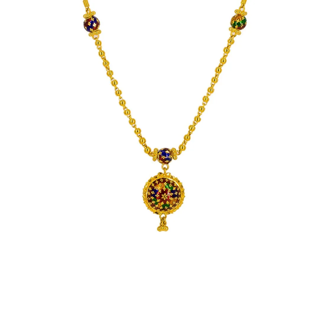22K Yellow Gold Pendant Necklace & Earrings Set W/ Enamel Design & Ball Pendants