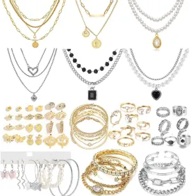 73 Pcs Gold Jewelry Set with 6Pcs Layered Necklace, 11 Pcs anklet and 7Pcs Earring Ear Cuff,12Hoop Earrings ,15pcs Rings,21pcs stud earrings Jewerly set for Women Pack for Friendship Party Gift