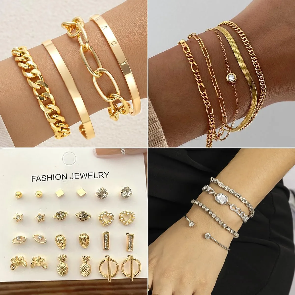 73 Pcs Gold Jewelry Set with 6Pcs Layered Necklace, 11 Pcs anklet and 7Pcs Earring Ear Cuff,12Hoop Earrings ,15pcs Rings,21pcs stud earrings Jewerly set for Women Pack for Friendship Party Gift