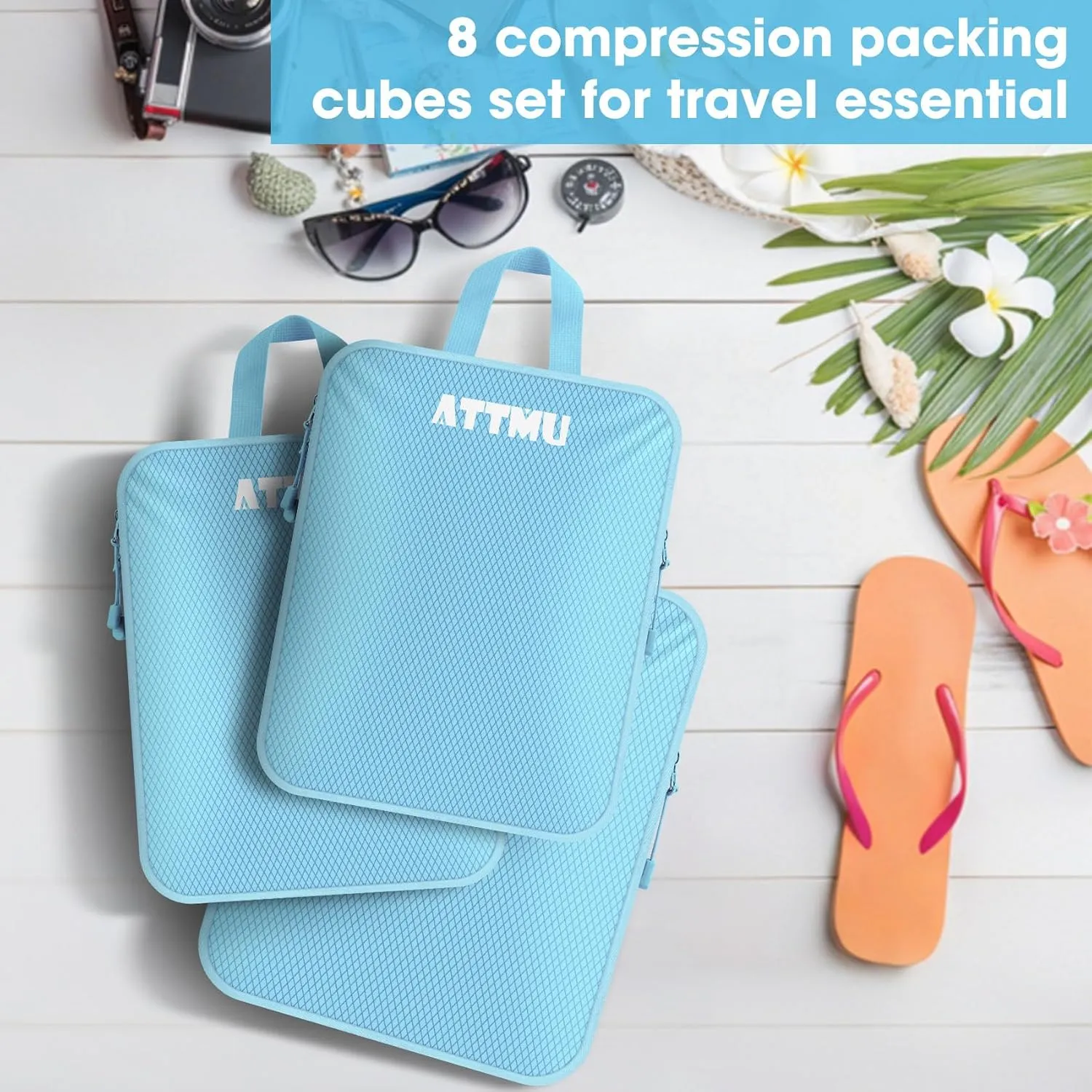 8 Set Compression Packing Cubes, Expandable Packing Cubes for Travel Essentials Accessories, Travel Compression Bags for Packing with Shoes & Laundry Bags for Carry on Luggage Suitcase (Black)