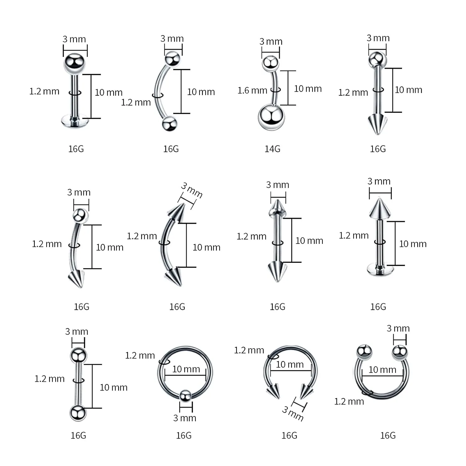 84 PCS Body Septum Piercing Kit 14G 16G Tools for Nose Tongue Lip Ear Eyebrow Belly Button Cartilage Tragus Industrial Barbell Helix Daith Piercing Jewelry Clamps