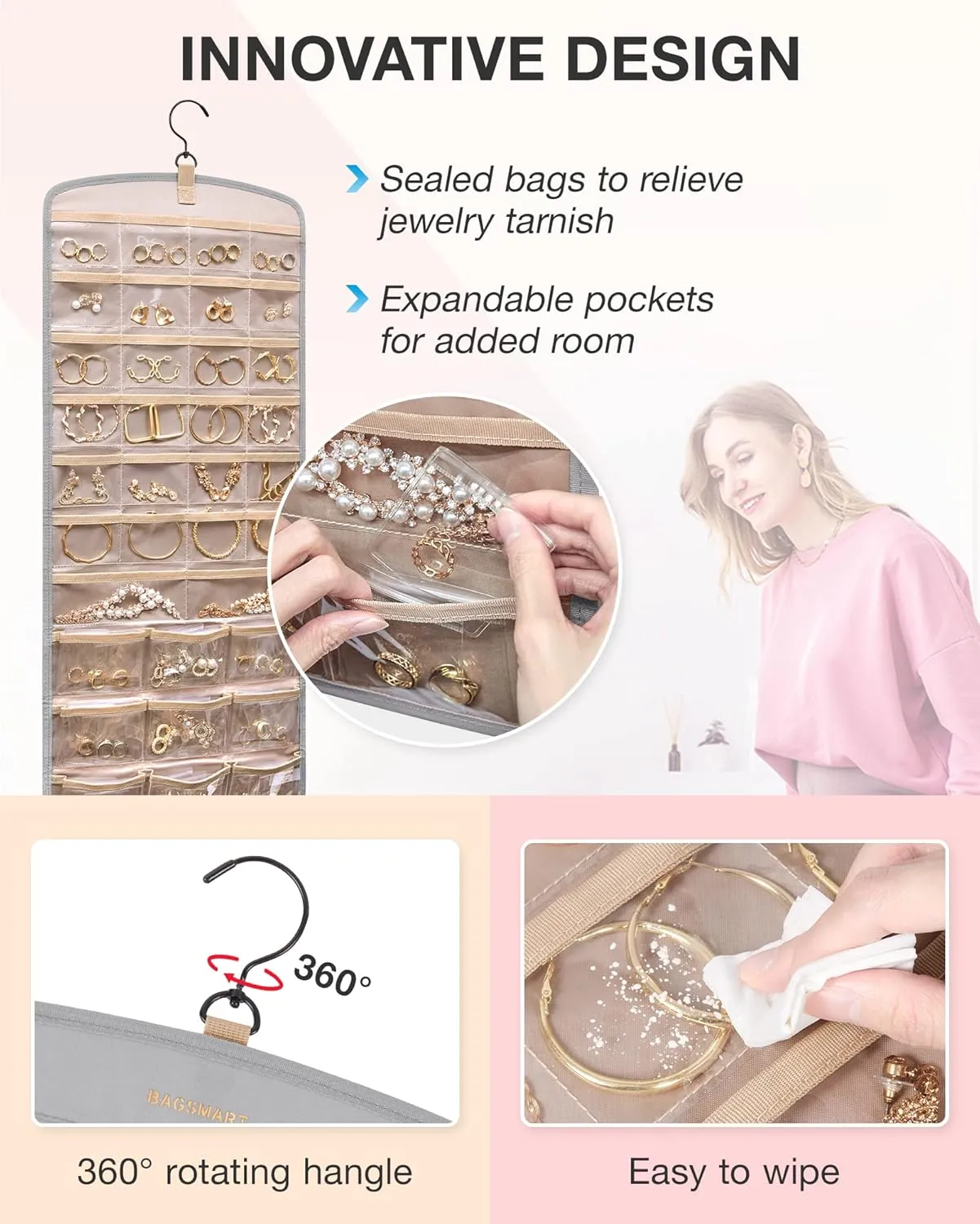 BAGSMART Hanging Jewelry Organizer, Necklace Holder Anti-tangle Earrings Rings Hanger with 20 Jewelry Bags Travel Storage Roll with Pockets Hang on Closet, Wall, Door,1 Piece, Large Grey