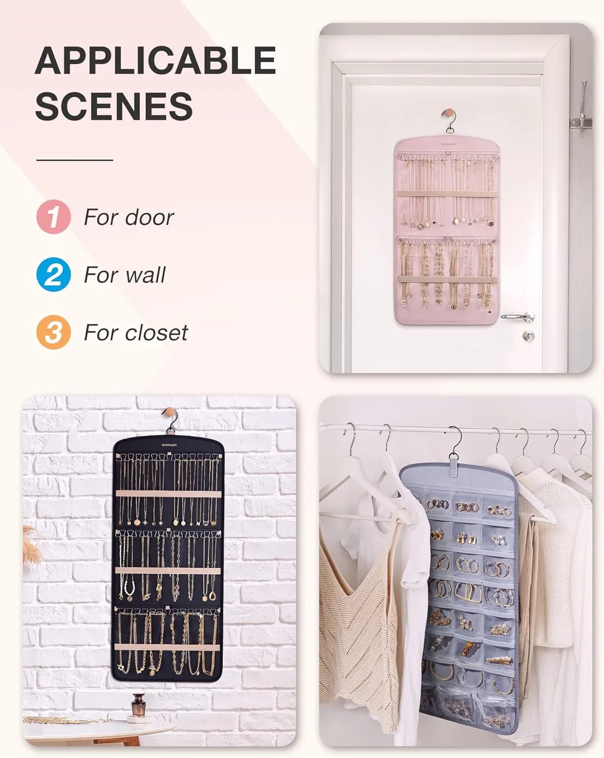 BAGSMART Hanging Jewelry Organizer, Necklace Holder Anti-tangle Earrings Rings Hanger with 20 Jewelry Bags Travel Storage Roll with Pockets Hang on Closet, Wall, Door,1 Piece, Large Grey