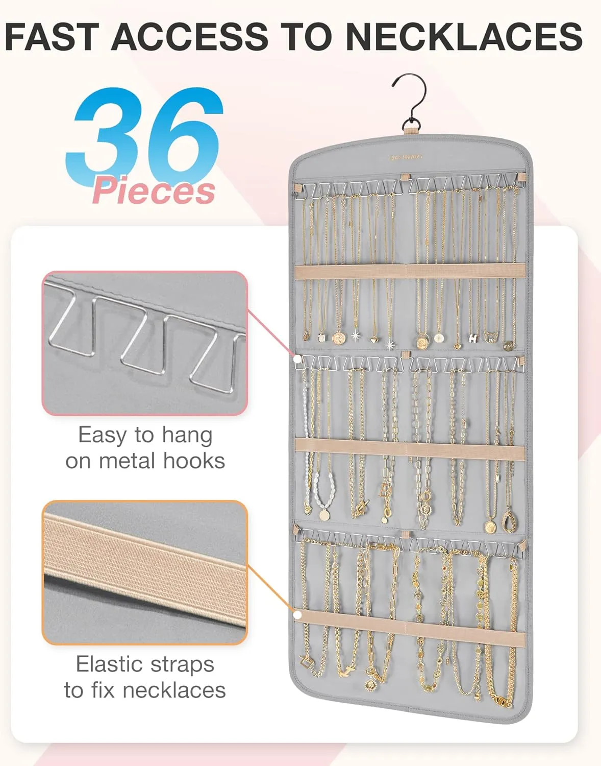 BAGSMART Hanging Jewelry Organizer, Necklace Holder Anti-tangle Earrings Rings Hanger with 20 Jewelry Bags Travel Storage Roll with Pockets Hang on Closet, Wall, Door,1 Piece, Large Grey
