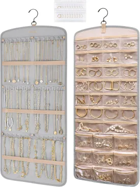 BAGSMART Hanging Jewelry Organizer, Necklace Holder Anti-tangle Earrings Rings Hanger with 20 Jewelry Bags Travel Storage Roll with Pockets Hang on Closet, Wall, Door,1 Piece, Large Grey