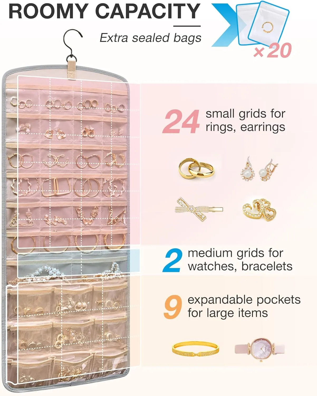 BAGSMART Hanging Jewelry Organizer, Necklace Holder Anti-tangle Earrings Rings Hanger with 20 Jewelry Bags Travel Storage Roll with Pockets Hang on Closet, Wall, Door,1 Piece, Large Grey