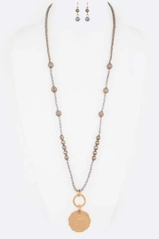 Beaded Long Necklace With Metal Pendant