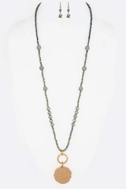 Beaded Long Necklace With Metal Pendant