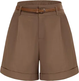 Belle Poque Women Bermuda Shorts Elastic Waist Wide Leg Shorts with Pockets & Belts