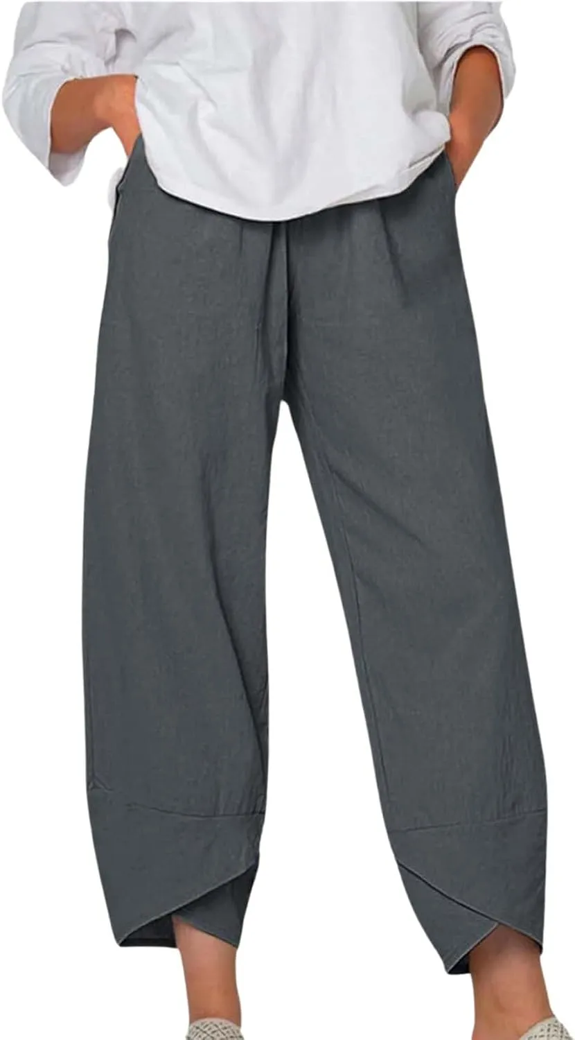 Boho Capri Pants for Women Summer High Elastic Waist Wide Leg Trousers Beach Vacation Fashion Pant with Pockets