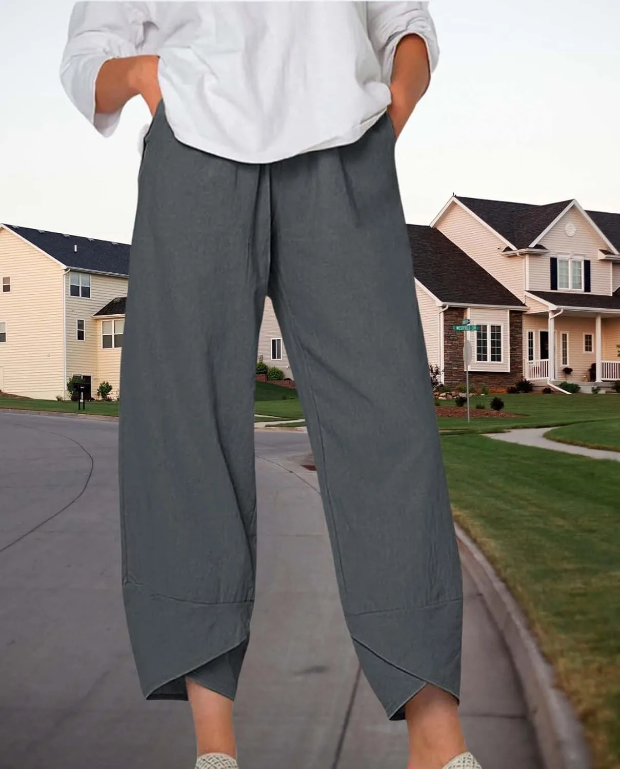 Boho Capri Pants for Women Summer High Elastic Waist Wide Leg Trousers Beach Vacation Fashion Pant with Pockets