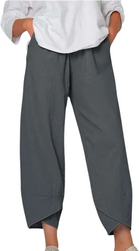 Boho Capri Pants for Women Summer High Elastic Waist Wide Leg Trousers Beach Vacation Fashion Pant with Pockets