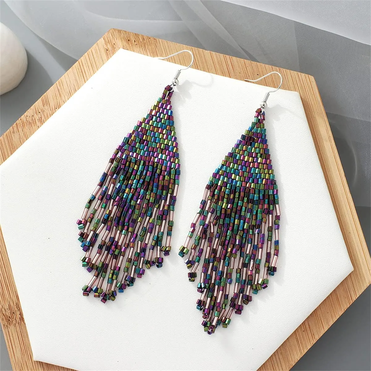 Color Boho Rice Beads Tassel Earrings.Multicolor Long Beaded Dangle Earrings Handmade Woven Drop Earrings Jewelry Gifts for Women