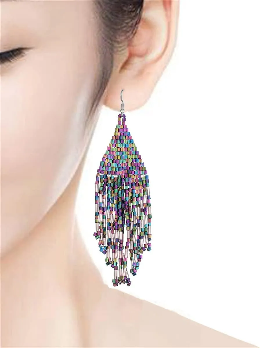 Color Boho Rice Beads Tassel Earrings.Multicolor Long Beaded Dangle Earrings Handmade Woven Drop Earrings Jewelry Gifts for Women