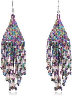Color Boho Rice Beads Tassel Earrings.Multicolor Long Beaded Dangle Earrings Handmade Woven Drop Earrings Jewelry Gifts for Women