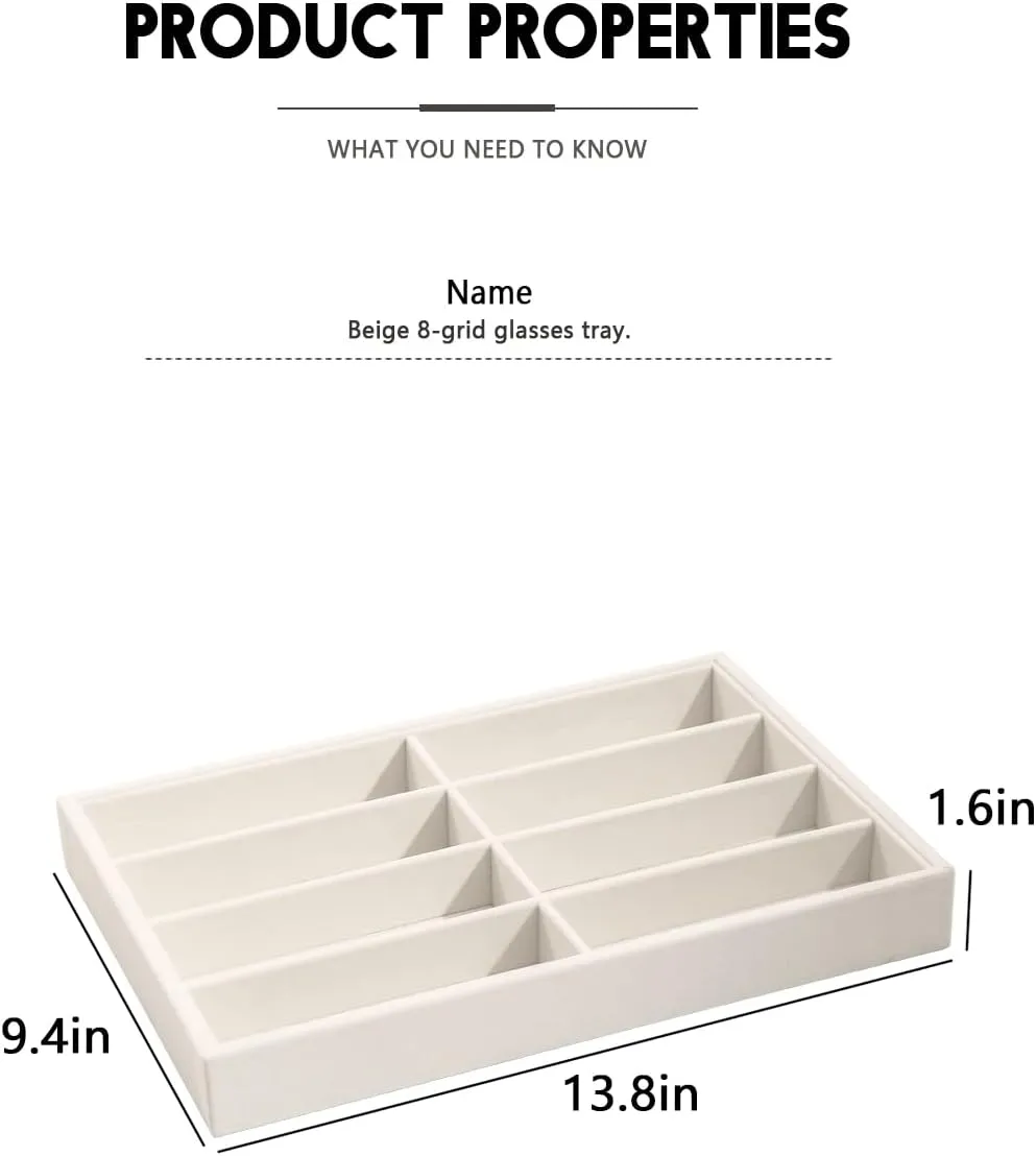 Coward Sunglass Organizer, Beige Velvet Glasses Trays - Eyeglasses Watches Jewelry Display - Men Women (8 Grids)