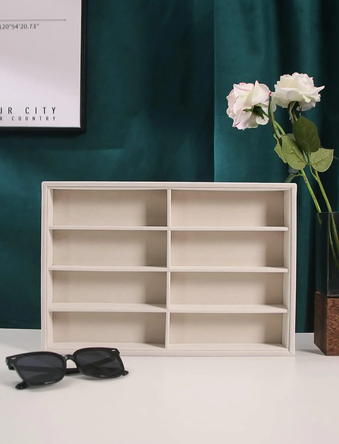 Coward Sunglass Organizer, Beige Velvet Glasses Trays - Eyeglasses Watches Jewelry Display - Men Women (8 Grids)