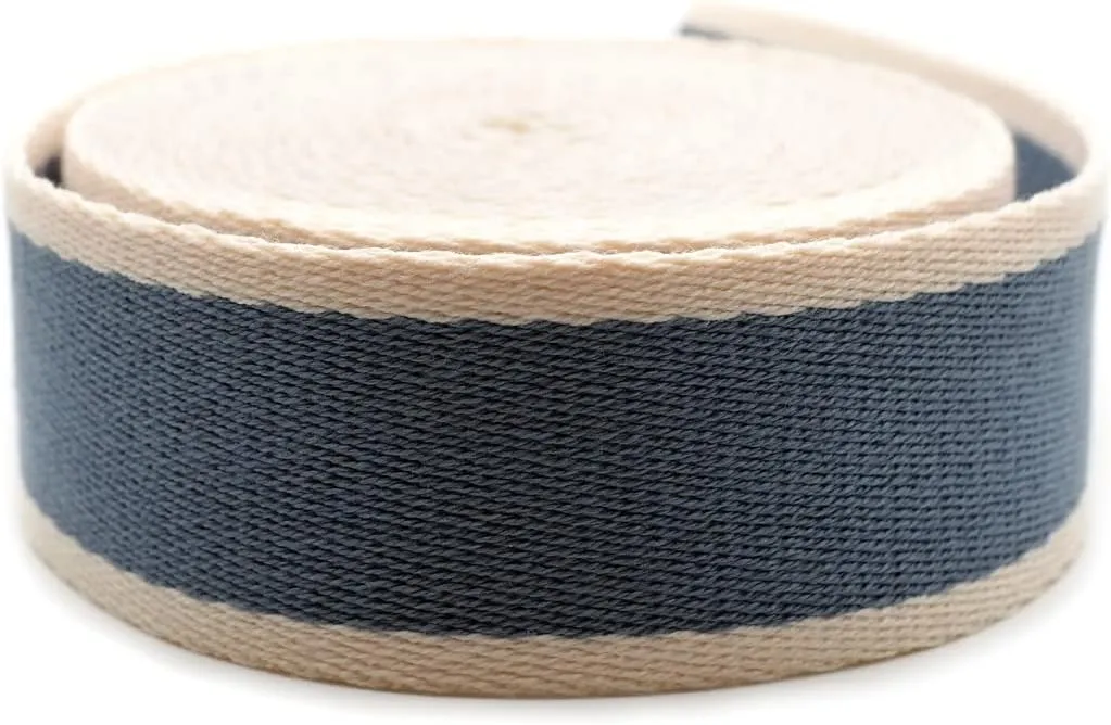 CRAFTMEMORE 1 1/2 Inches Cotton Webbing Strap, Two Tone Heavy Webbing Straps for Arts and Crafts, Luxury Bag Strap (2 Yards, Blue-Ivory)