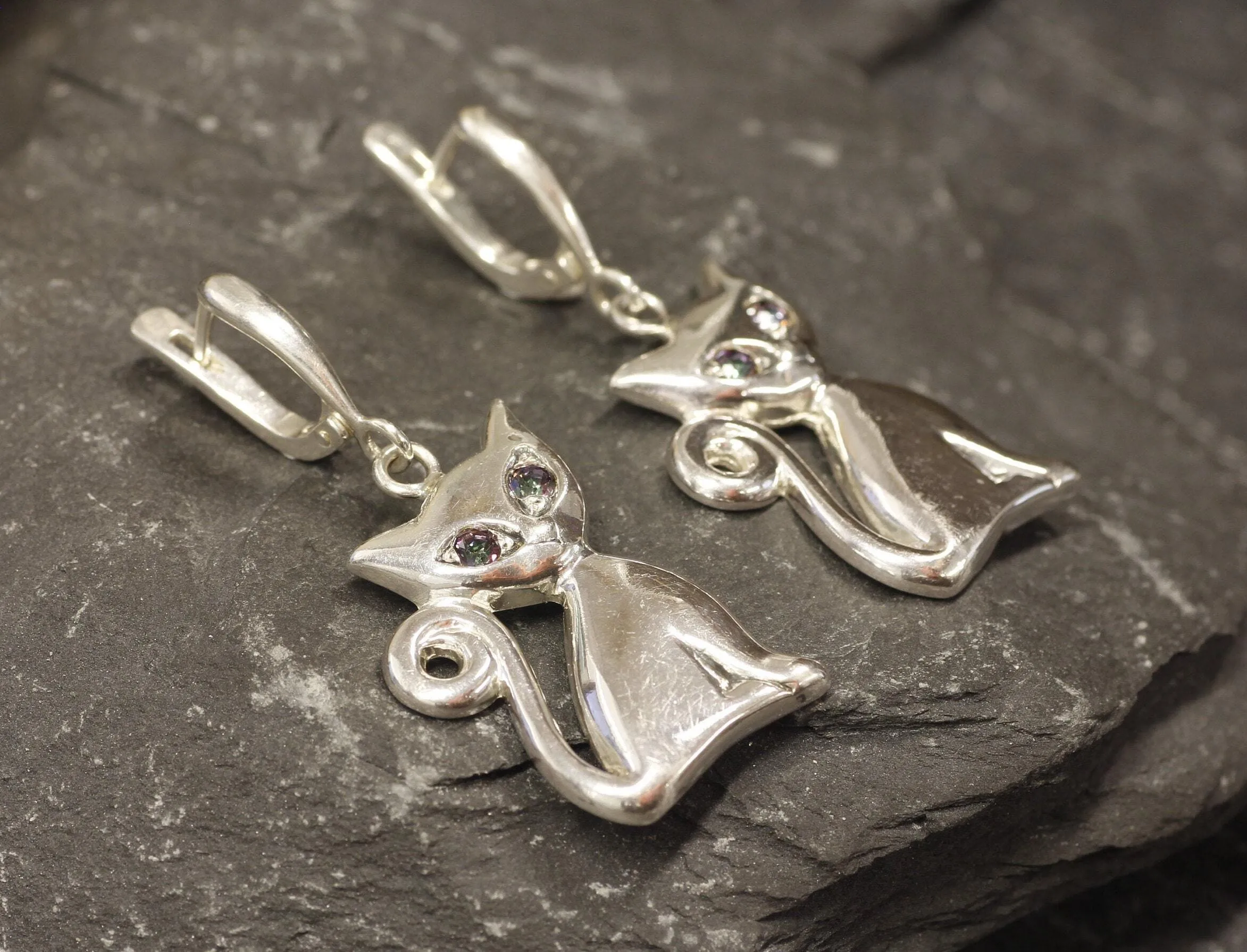 Dangling Cat Earrings - Mystic Topaz Earrings - Heavy Purple Earrings