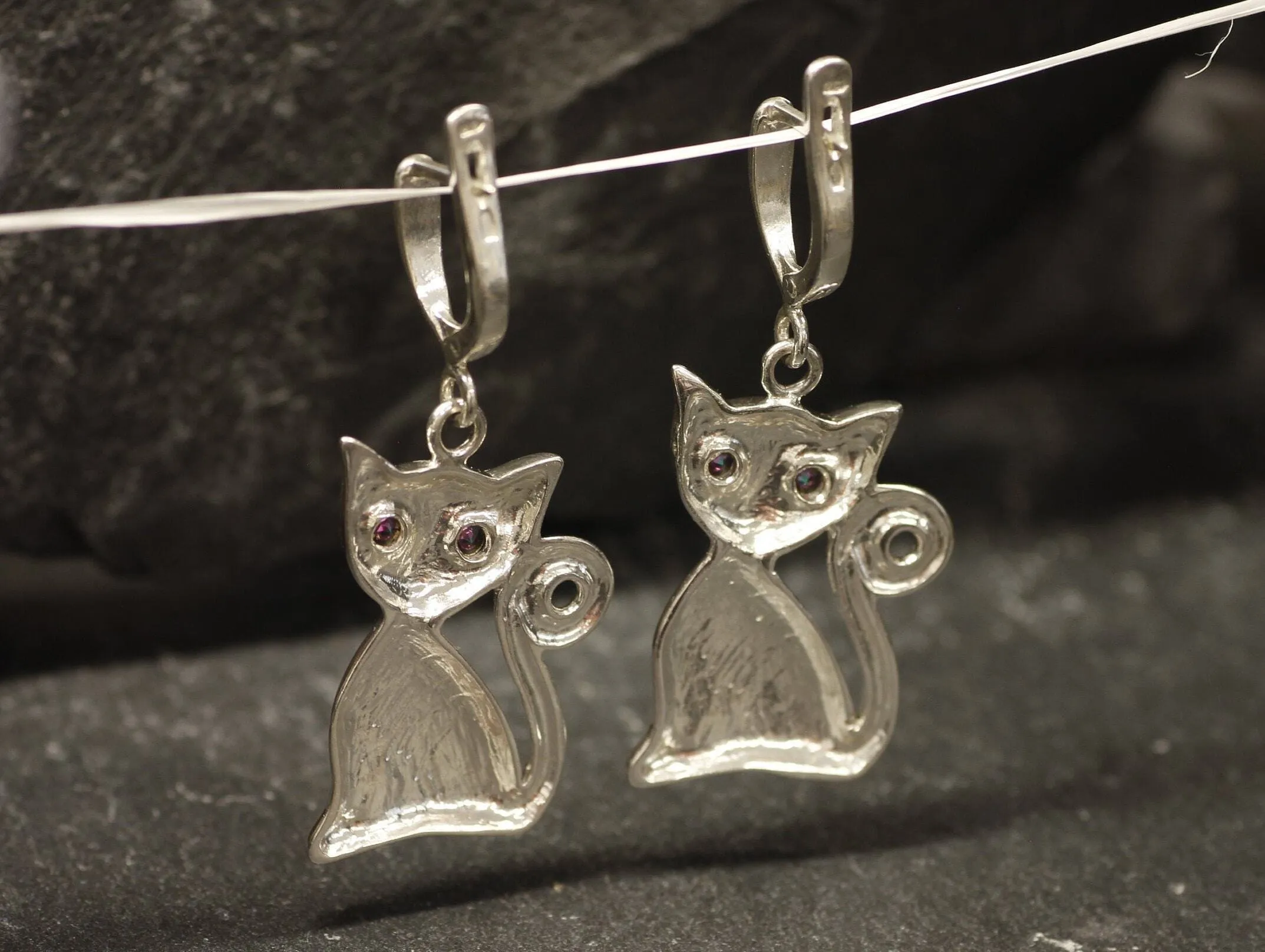 Dangling Cat Earrings - Mystic Topaz Earrings - Heavy Purple Earrings