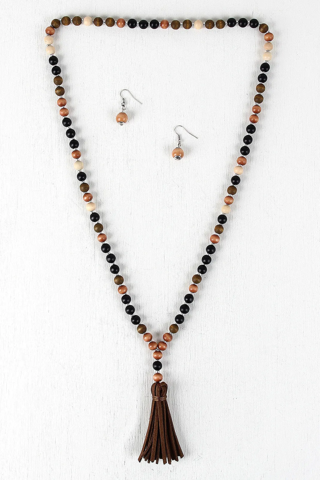 Faux Suede Tassel Wood Bead Necklace