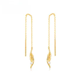 Feather Pendant Pearl Long Tassel Sterling Silver Ear Line Earrings