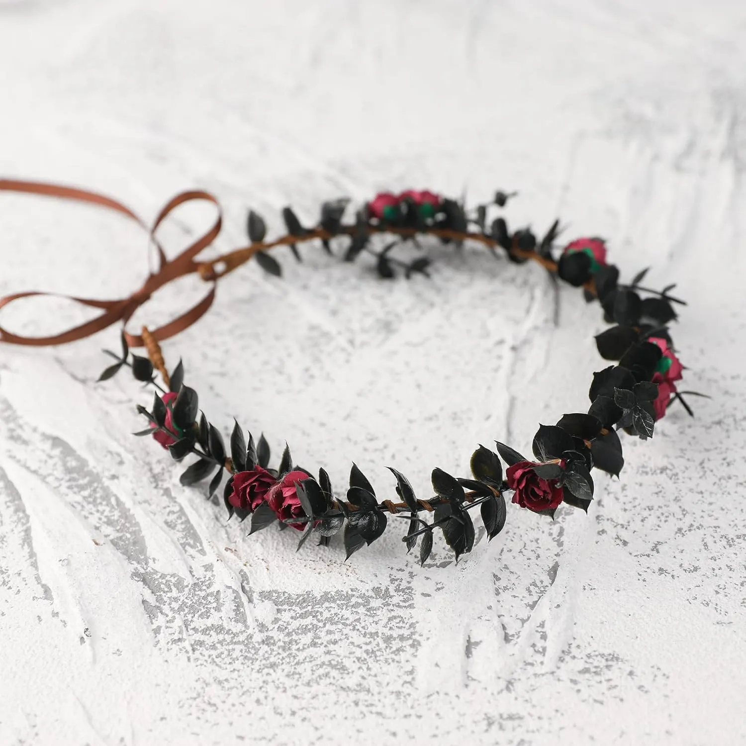 Flower Crowns for Women Girls - Black Handmade Renaissance Wreath Garland Bridal Wedding Cosplay DIY Halloween Maternity Shoot Vacation Photography Props Shower Deep Red Rose