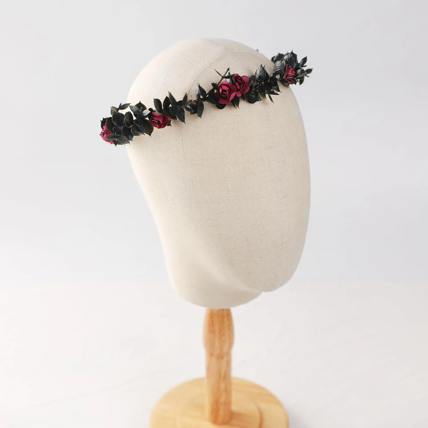Flower Crowns for Women Girls - Black Handmade Renaissance Wreath Garland Bridal Wedding Cosplay DIY Halloween Maternity Shoot Vacation Photography Props Shower Deep Red Rose