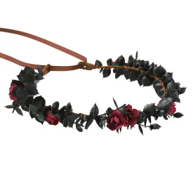 Flower Crowns for Women Girls - Black Handmade Renaissance Wreath Garland Bridal Wedding Cosplay DIY Halloween Maternity Shoot Vacation Photography Props Shower Deep Red Rose