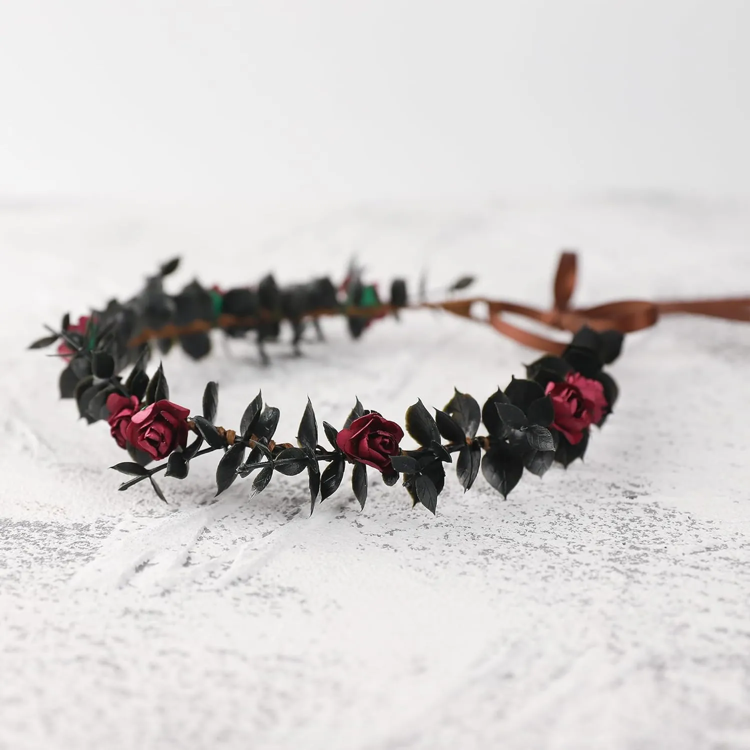 Flower Crowns for Women Girls - Black Handmade Renaissance Wreath Garland Bridal Wedding Cosplay DIY Halloween Maternity Shoot Vacation Photography Props Shower Deep Red Rose