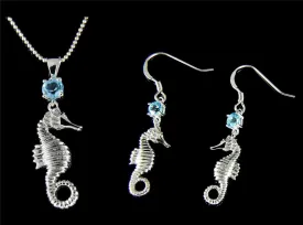 GENUINE BLUE TOPAZ SILVER 925 HAWAIIAN SEAHORSE PENDANT EARRINGS SET