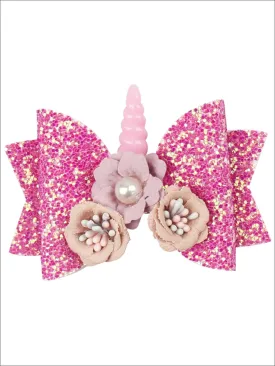Girls Flower Unicorn Glitter Hair Bow