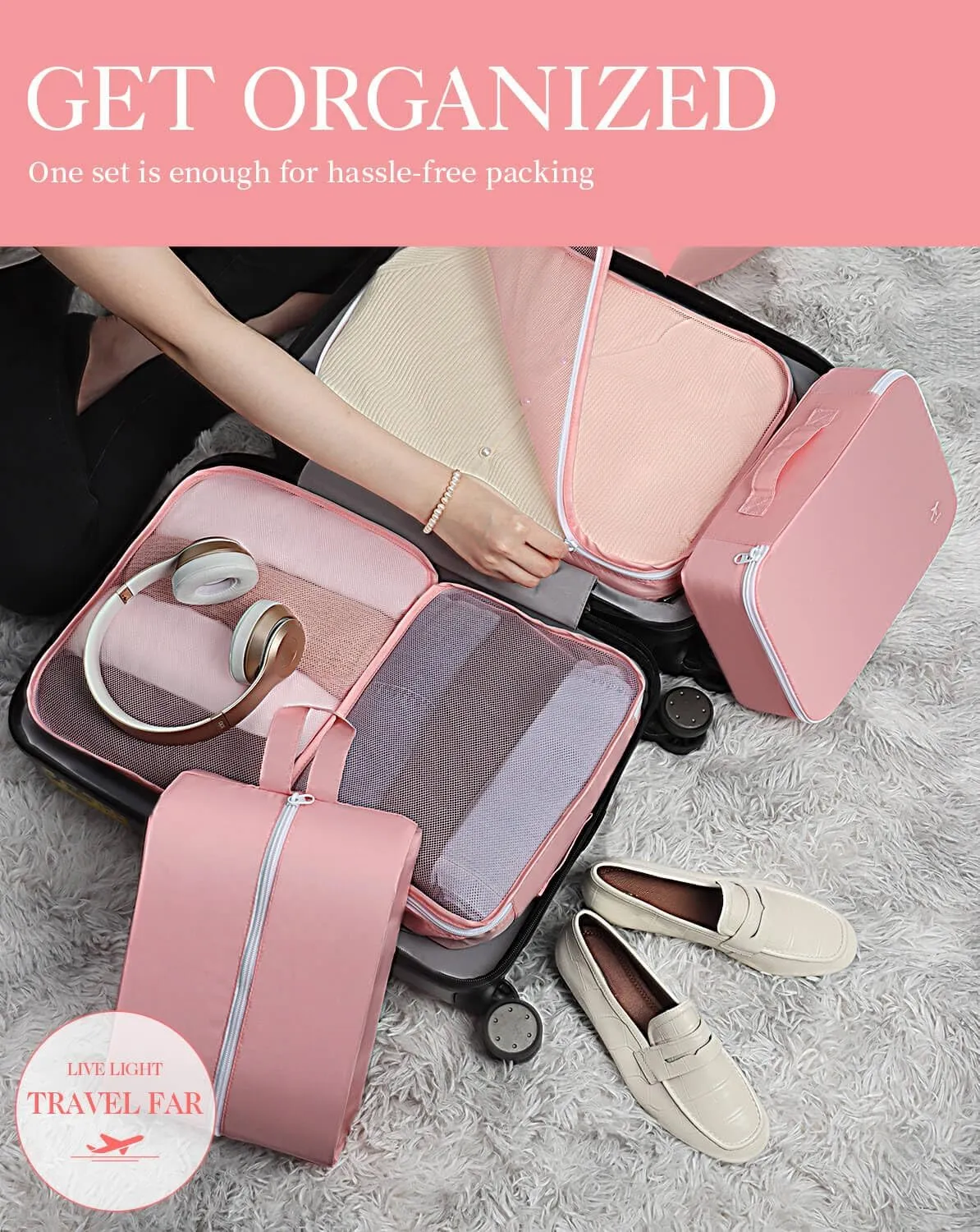 HOTOR Packing Cubes for Suitcases - 6 Pieces, Light Packing Cubes for Travel, Premium Suitcase Organizer Bags Set, Space-Saving Luggage Organizers, Travel Accessories and Essentials, Pink