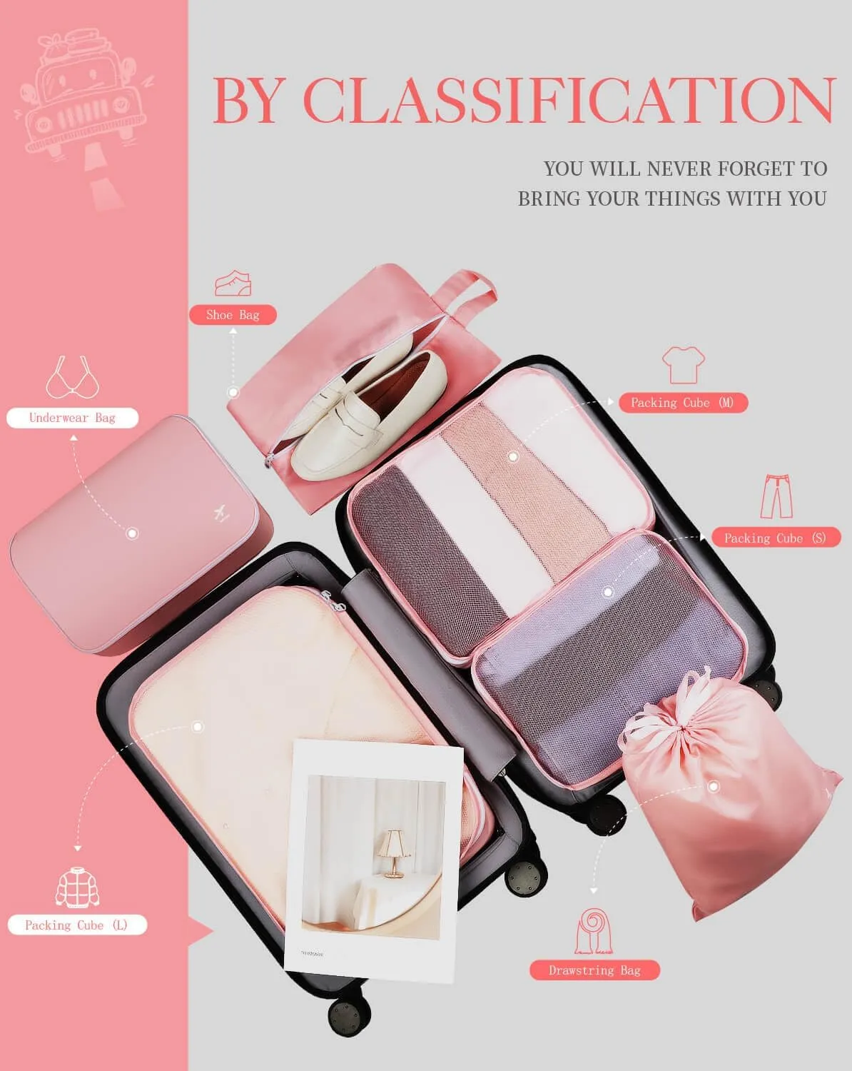 HOTOR Packing Cubes for Suitcases - 6 Pieces, Light Packing Cubes for Travel, Premium Suitcase Organizer Bags Set, Space-Saving Luggage Organizers, Travel Accessories and Essentials, Pink