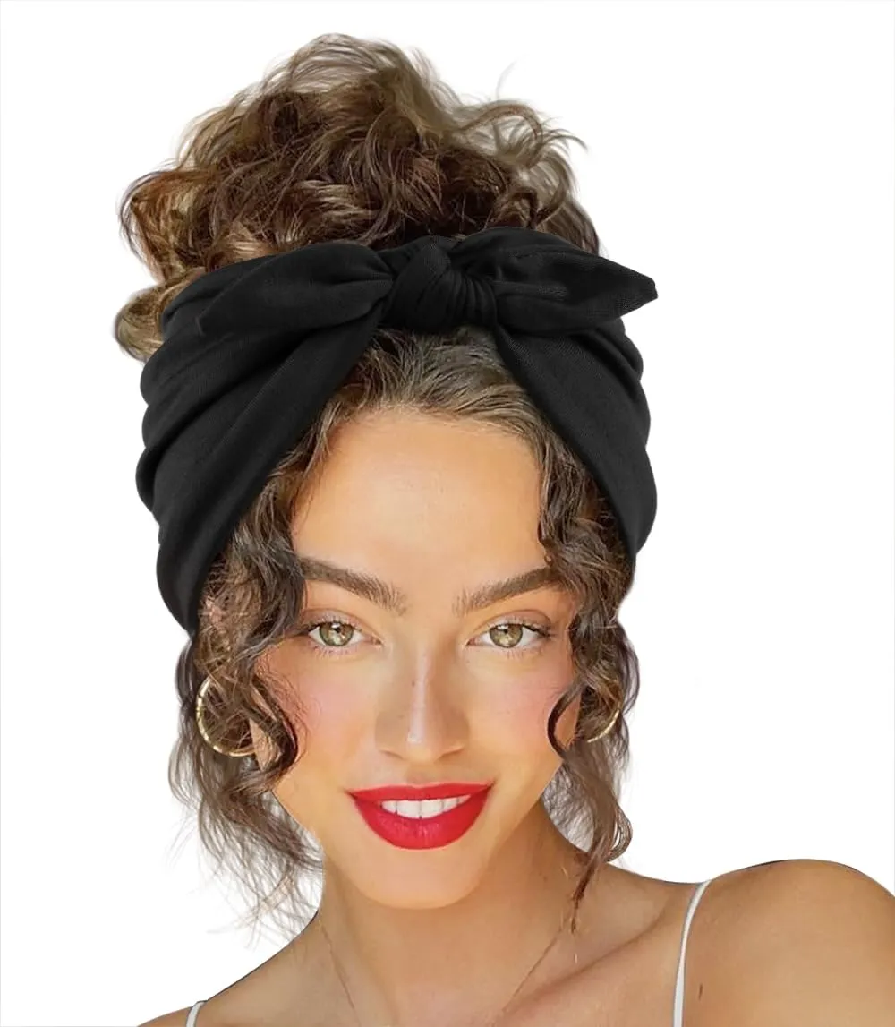 Huachi 2 Packs Bow Headbands for Women 7 Extra Wide Head Bands for Womens Hair Non Slip Headwraps Workout Turban Hair Accessories (Black & Red)