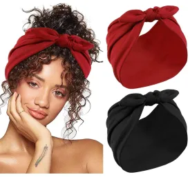 Huachi 2 Packs Bow Headbands for Women 7 Extra Wide Head Bands for Womens Hair Non Slip Headwraps Workout Turban Hair Accessories (Black & Red)