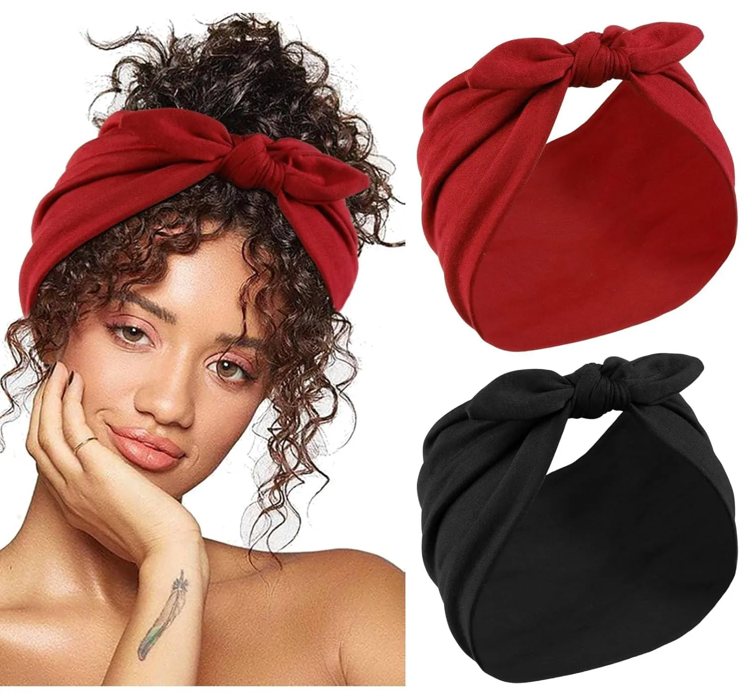 Huachi 2 Packs Bow Headbands for Women 7 Extra Wide Head Bands for Womens Hair Non Slip Headwraps Workout Turban Hair Accessories (Black & Red)