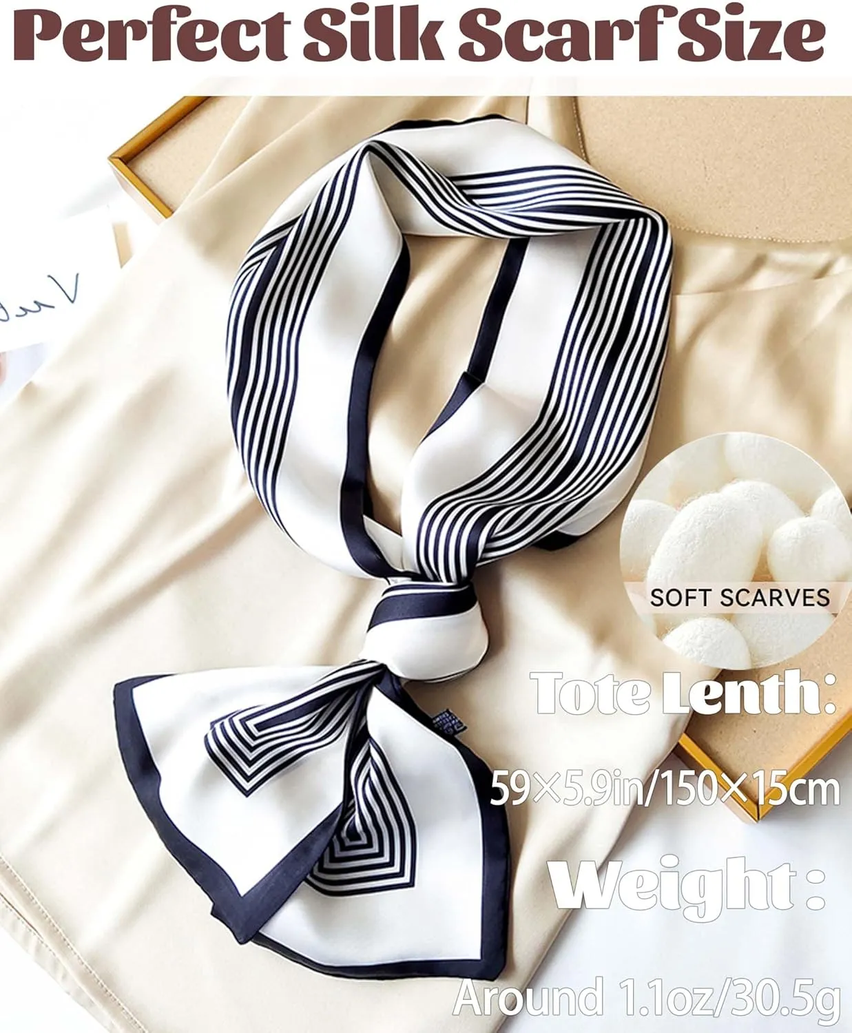 kcctoo 59 Long Silk Like Head Scarf Women's Fashion Square Neck Satin Scarfs for Bag Hair Scarves Gift 59 * 5.9