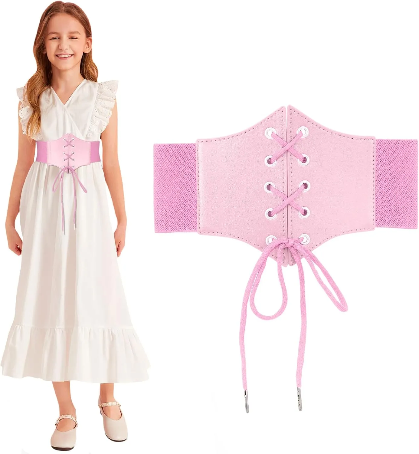 LEACOOLKEY Kids Waist Belt for Dress Elastic Lace-up Waist Belt for Girls